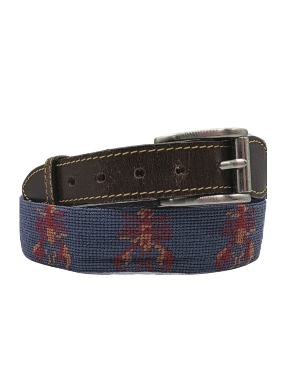 J Mclaughlin Mens Crab Needlepoint Belt Handmade Size 36 Blue Red Office Leather